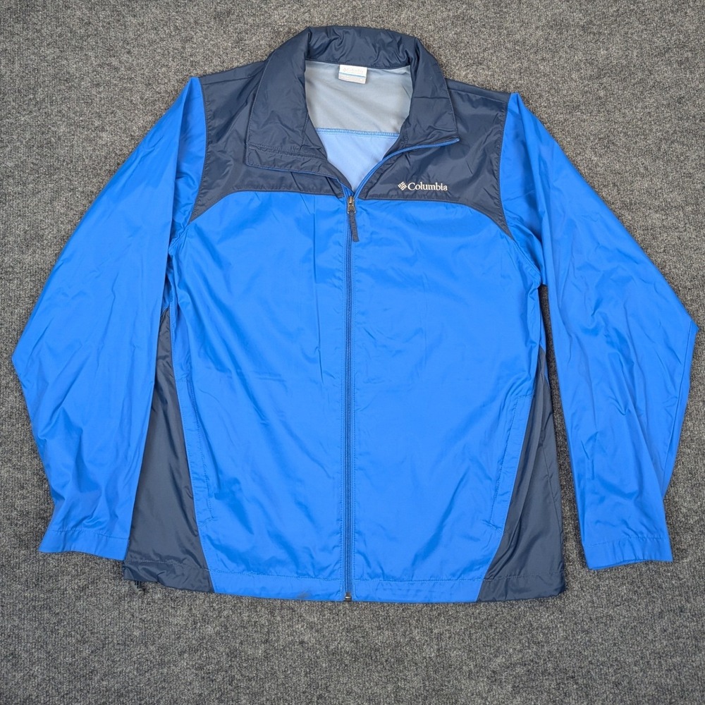 Columbia Mens Medium Blue Full Zip Up Windbreaker Rain Jacket Stowable Hood